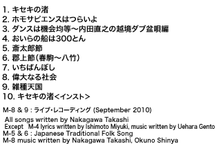 1. キセキの渚　2. ホモサピエンスはつらいよ　3. ダンスは機会均等〜内田直之の越境ダブ盆唄編＜2011リミックス＞　4. おいらの船は300とん　5. 斎太郎節　6. 郡上節（春駒〜八竹）　7. いちばんぼし／中川敬 with 奥野真哉　8. 偉大なる社会　9. 雑種天国　10. キセキの渚＜インスト＞